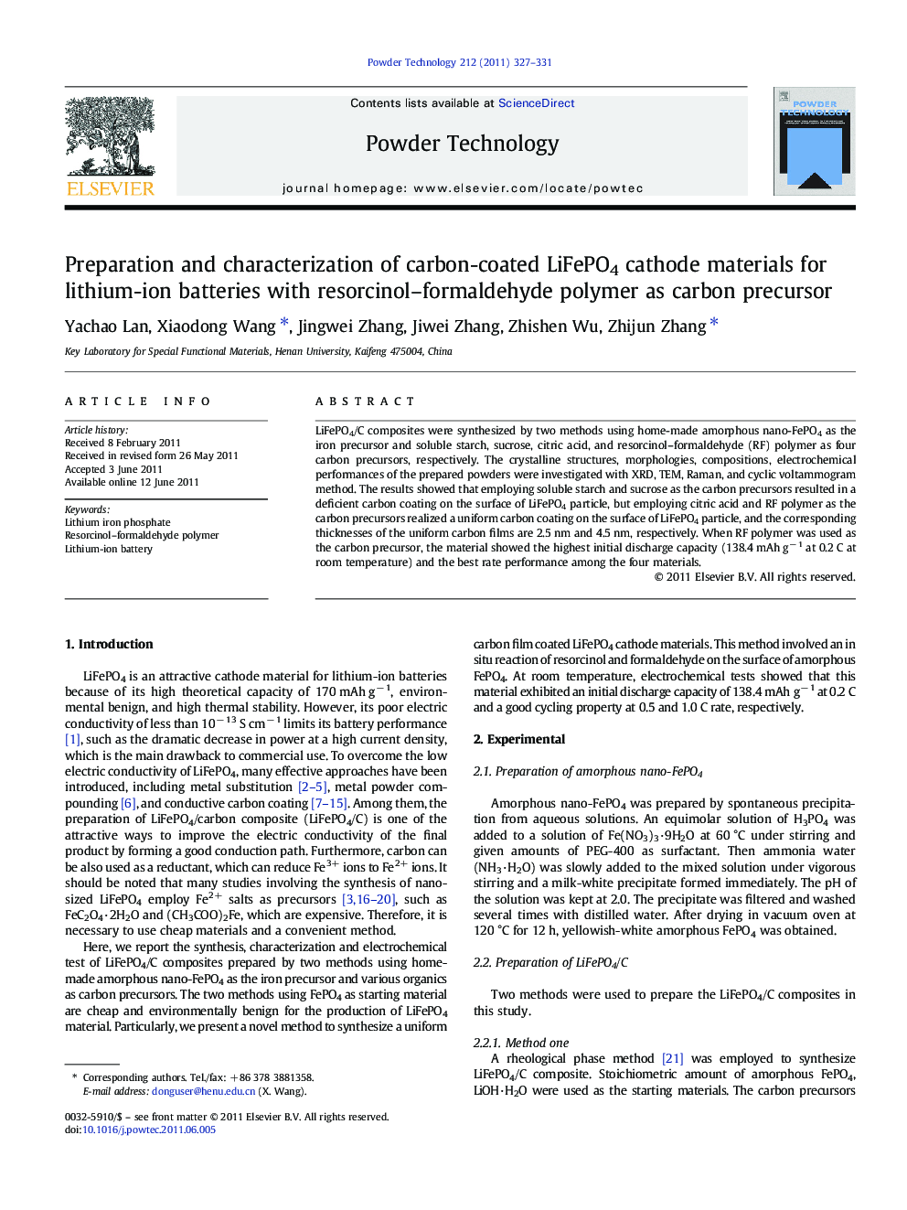 Preparation and characterization of carbon-coated LiFePO4 cathode materials for lithium-ion batteries with resorcinol–formaldehyde polymer as carbon precursor