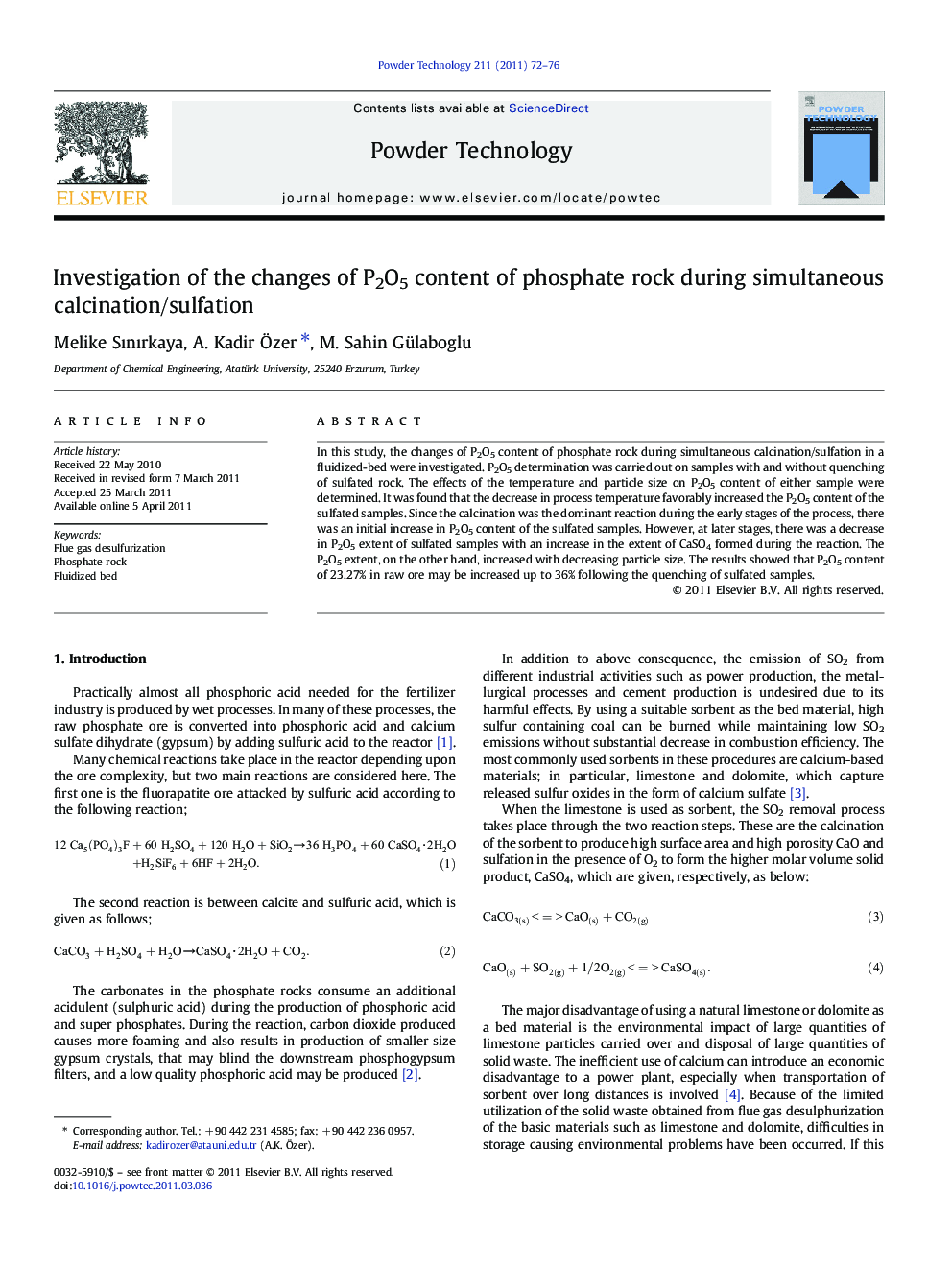 Investigation of the changes of P2O5 content of phosphate rock during simultaneous calcination/sulfation
