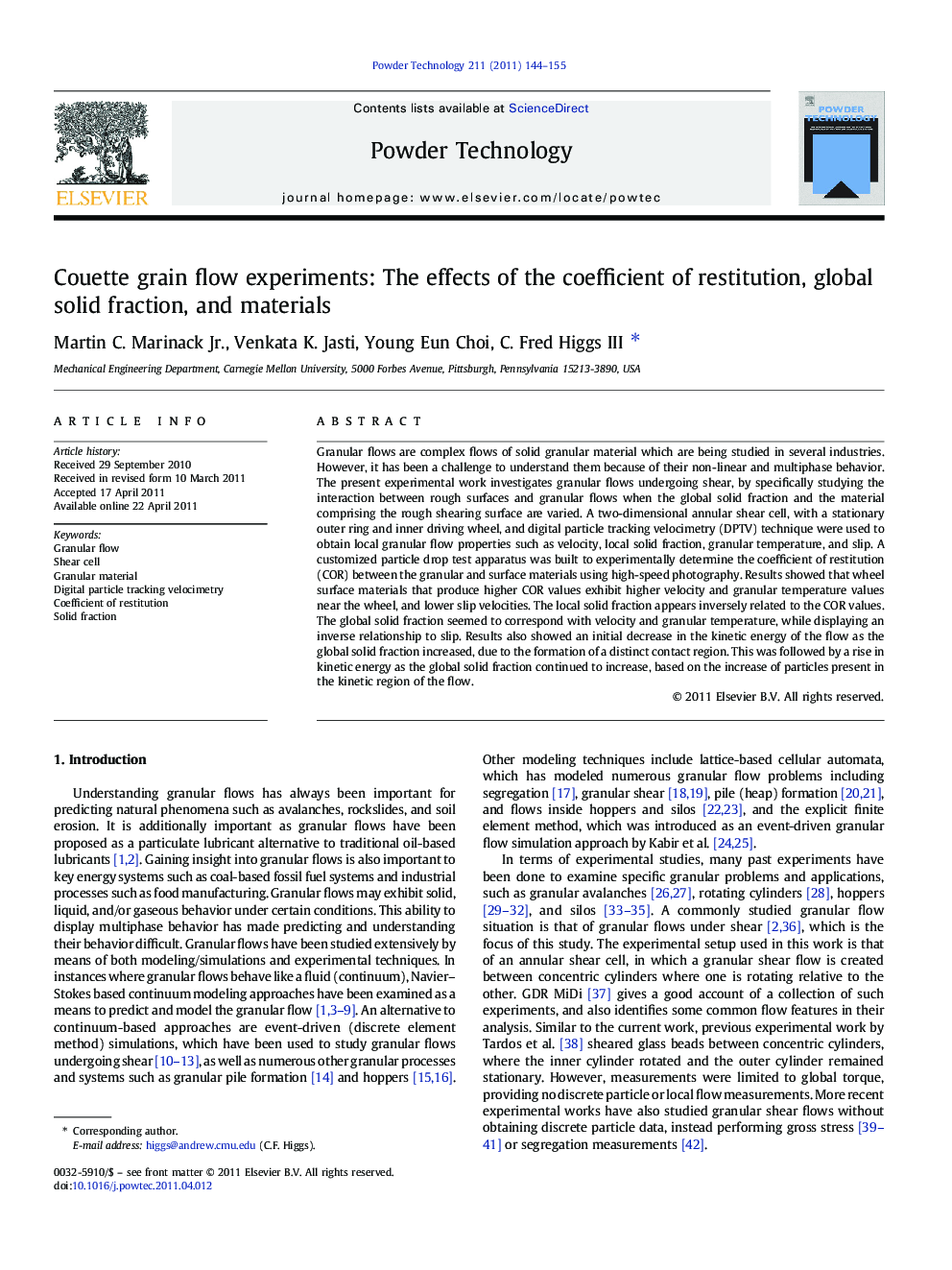 Couette grain flow experiments: The effects of the coefficient of restitution, global solid fraction, and materials