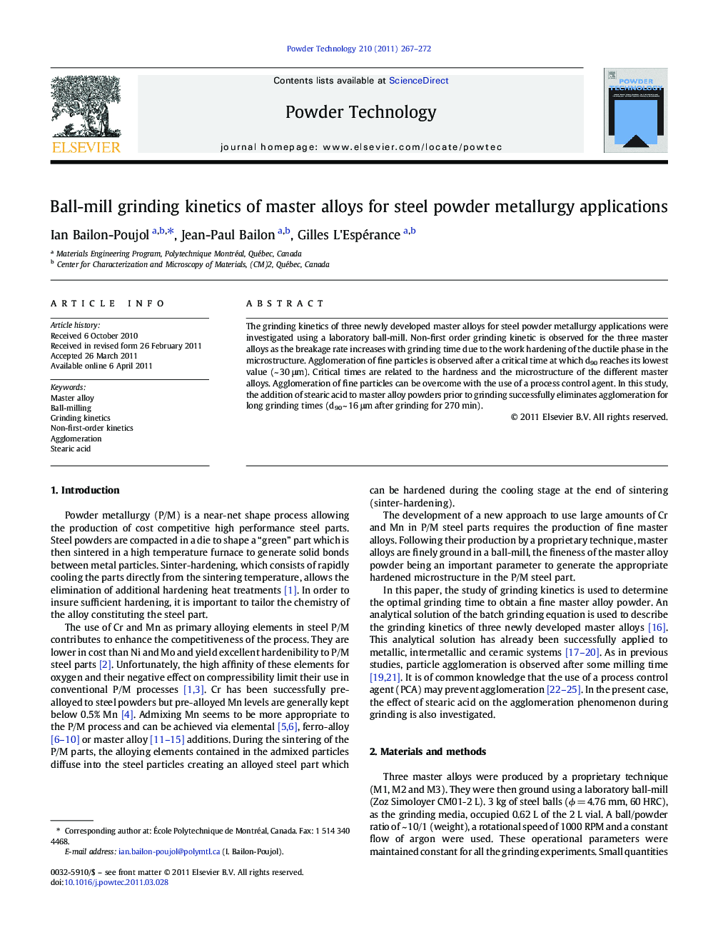 Ball-mill grinding kinetics of master alloys for steel powder metallurgy applications