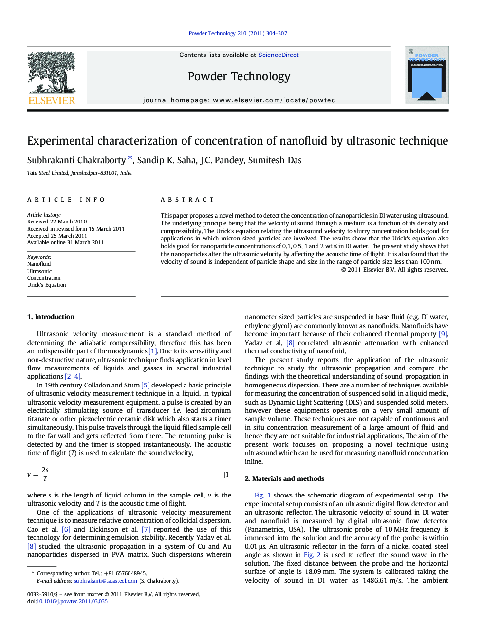 Experimental characterization of concentration of nanofluid by ultrasonic technique