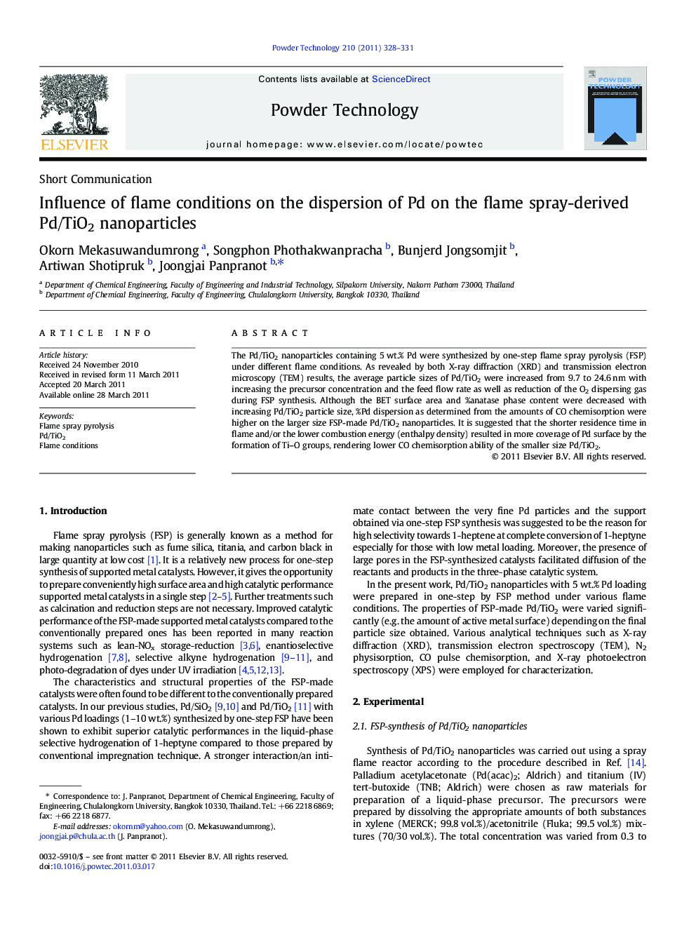 Influence of flame conditions on the dispersion of Pd on the flame spray-derived Pd/TiO2 nanoparticles