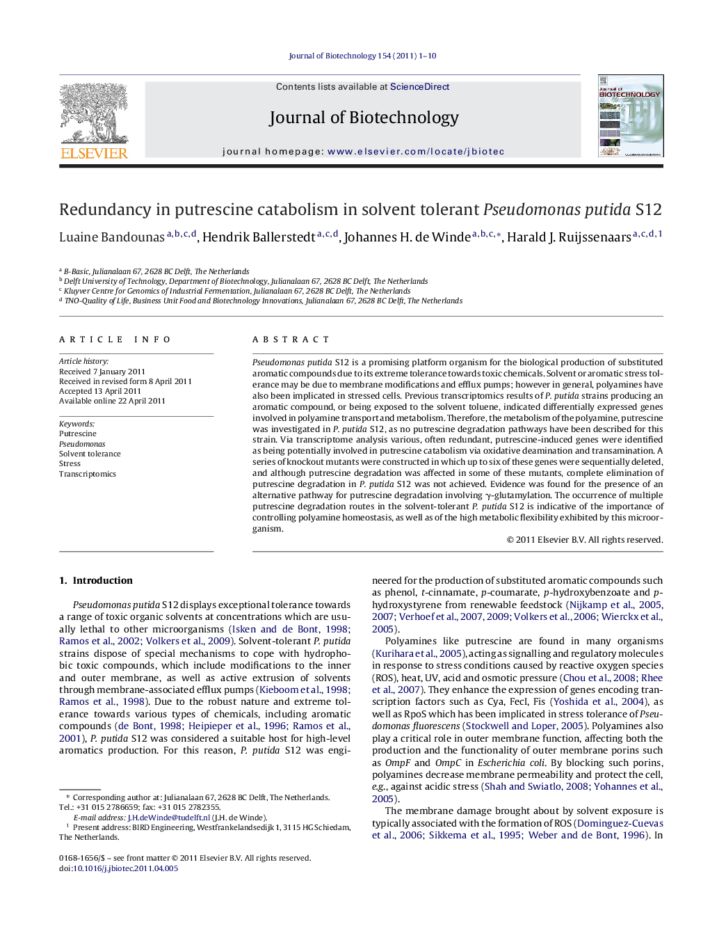 Redundancy in putrescine catabolism in solvent tolerant Pseudomonas putida S12