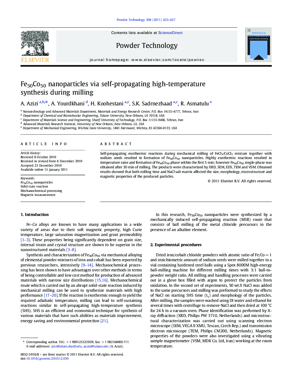 Fe50Co50 nanoparticles via self-propagating high-temperature synthesis during milling