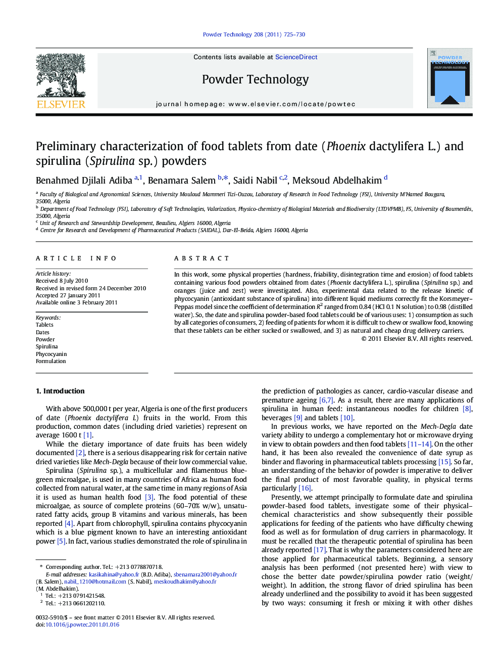 Preliminary characterization of food tablets from date (Phoenix dactylifera L.) and spirulina (Spirulina sp.) powders