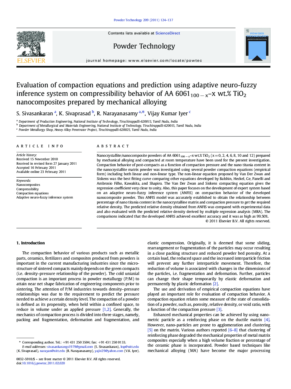 Evaluation of compaction equations and prediction using adaptive neuro-fuzzy inference system on compressibility behavior of AA 6061100 − x–x wt.% TiO2 nanocomposites prepared by mechanical alloying