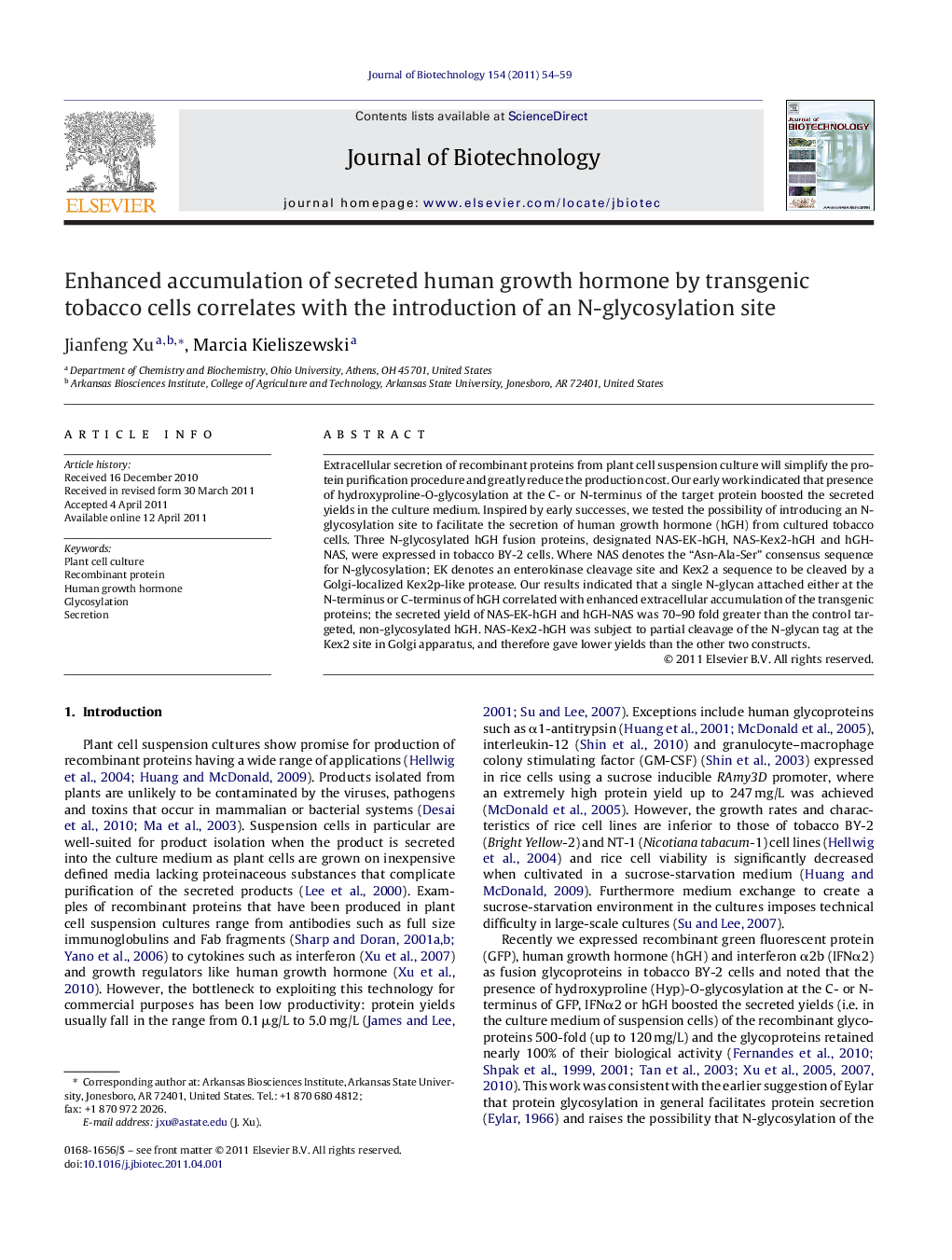 Enhanced accumulation of secreted human growth hormone by transgenic tobacco cells correlates with the introduction of an N-glycosylation site