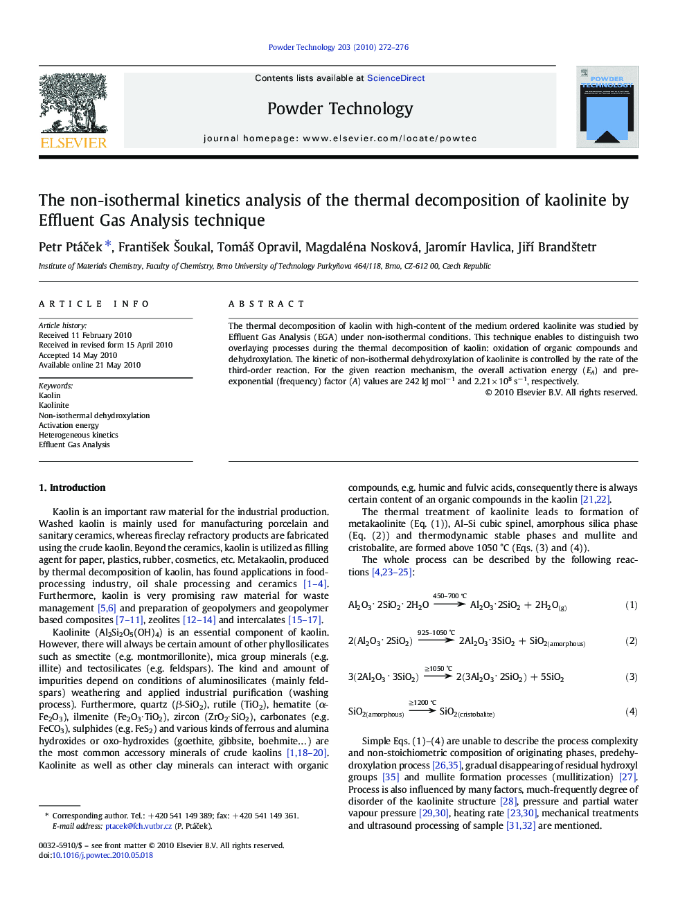 The non-isothermal kinetics analysis of the thermal decomposition of kaolinite by Effluent Gas Analysis technique