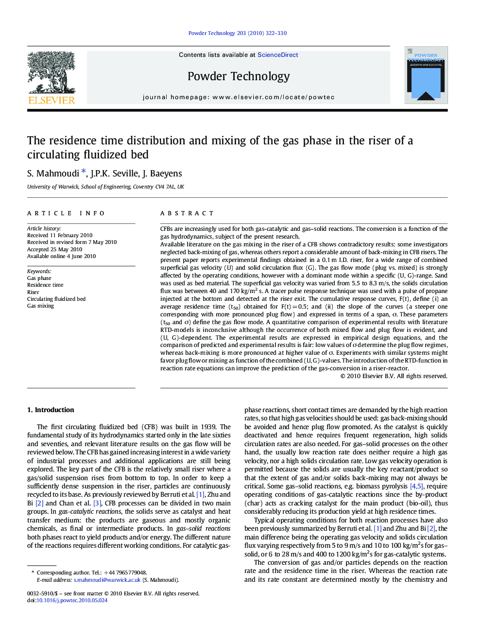 The residence time distribution and mixing of the gas phase in the riser of a circulating fluidized bed