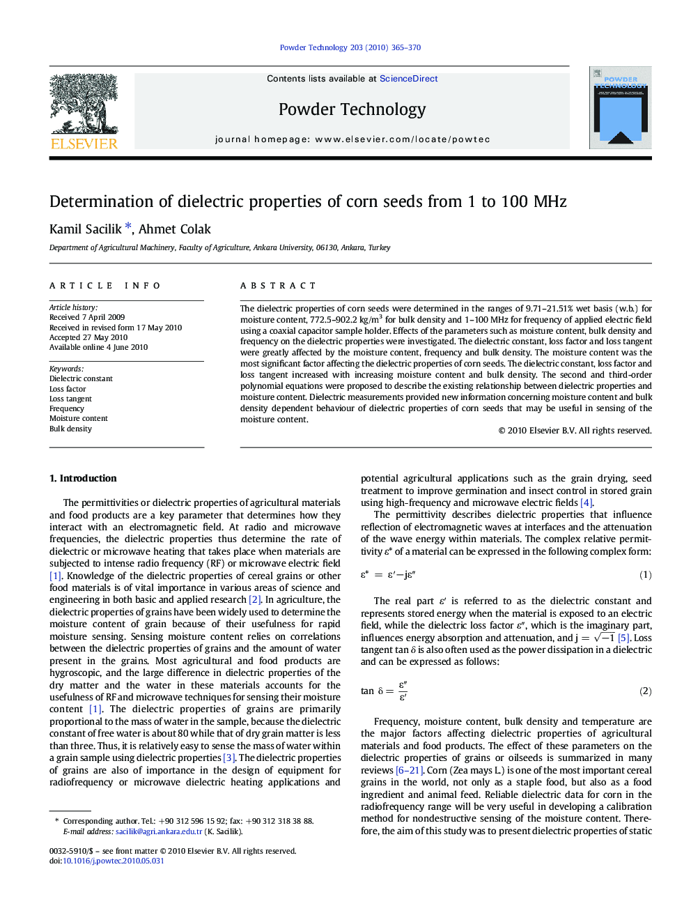 Determination of dielectric properties of corn seeds from 1 to 100 MHz