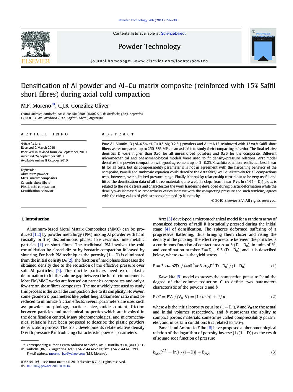 Densification of Al powder and Al–Cu matrix composite (reinforced with 15% Saffil short fibres) during axial cold compaction