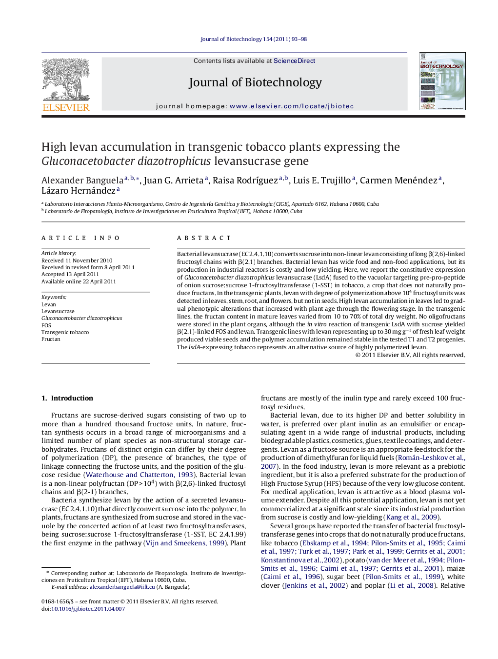 High levan accumulation in transgenic tobacco plants expressing the Gluconacetobacter diazotrophicus levansucrase gene