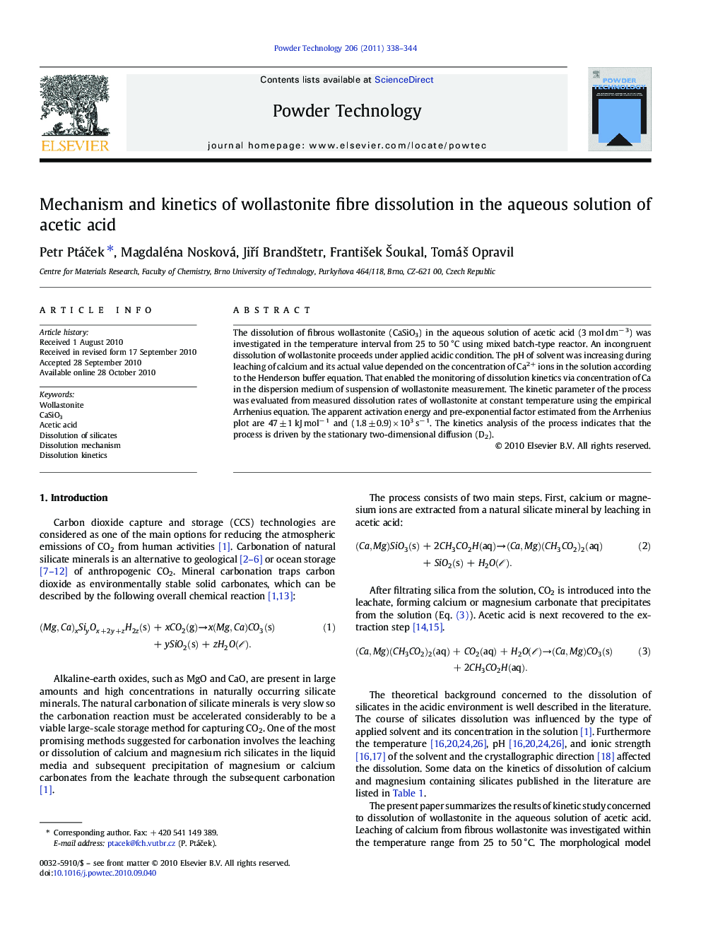 Mechanism and kinetics of wollastonite fibre dissolution in the aqueous solution of acetic acid