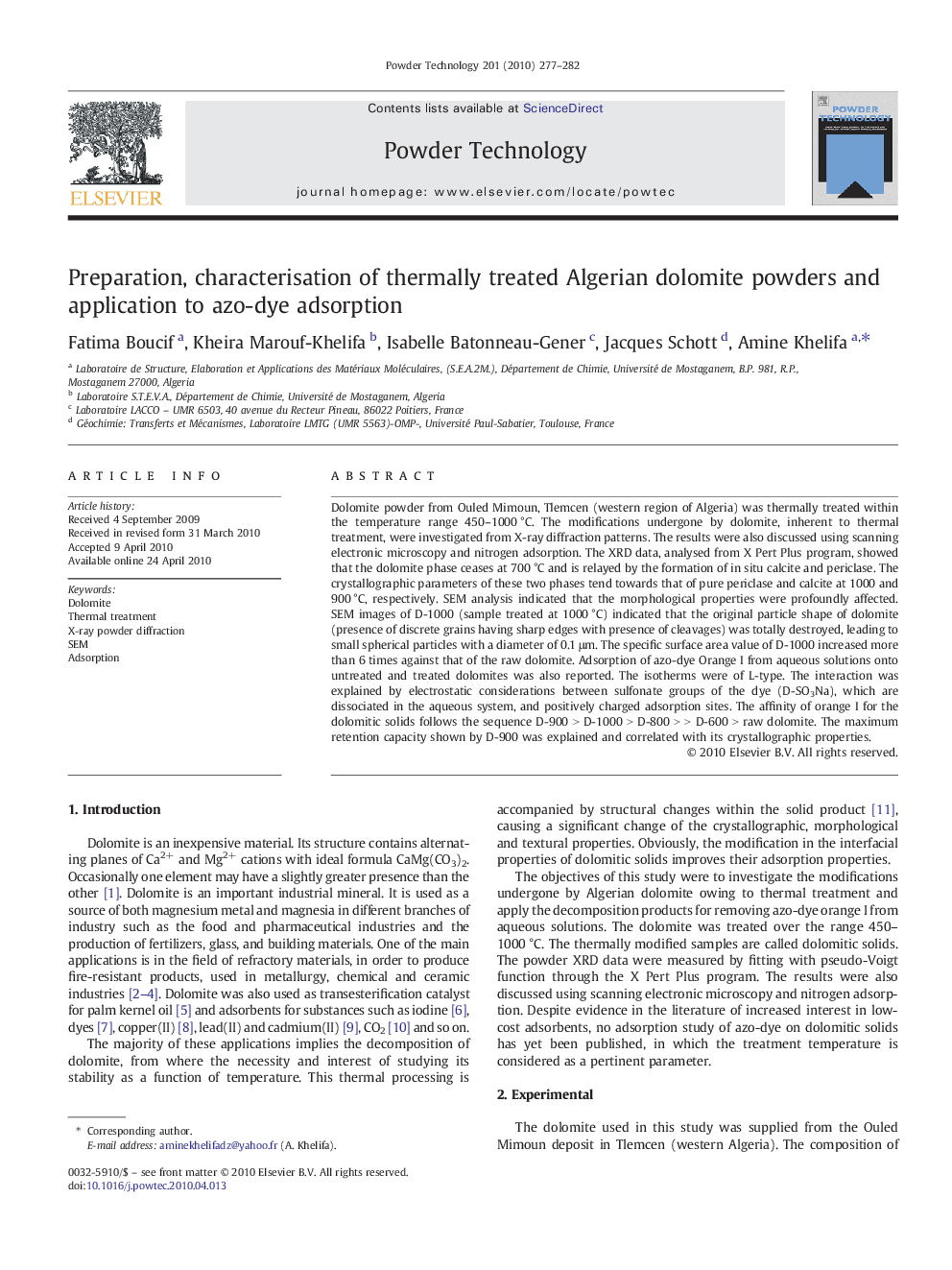 Preparation, characterisation of thermally treated Algerian dolomite powders and application to azo-dye adsorption