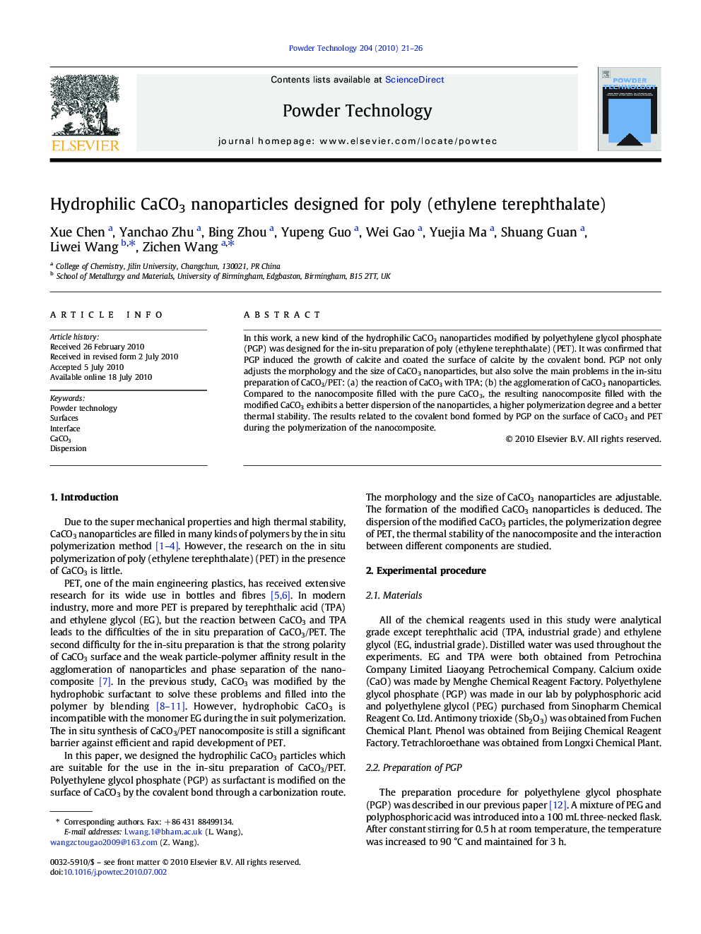 Hydrophilic CaCO3 nanoparticles designed for poly (ethylene terephthalate)