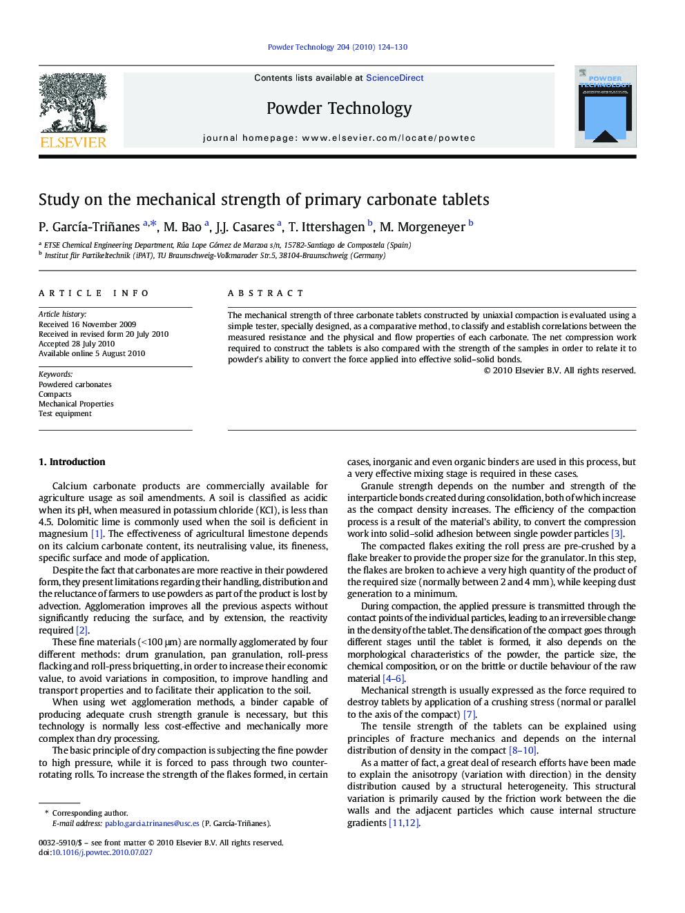 Study on the mechanical strength of primary carbonate tablets