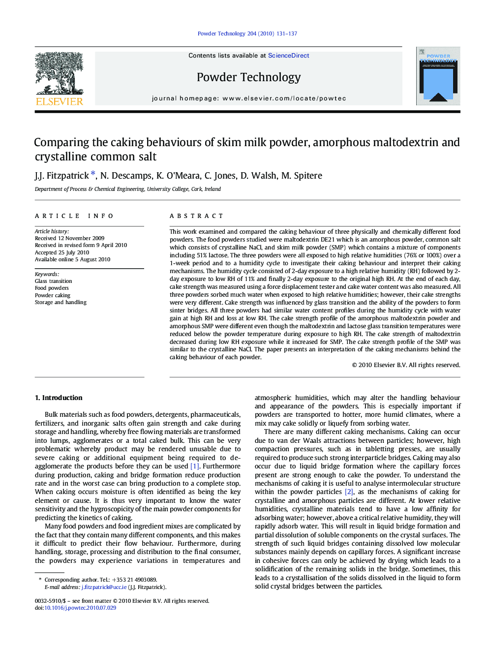 Comparing the caking behaviours of skim milk powder, amorphous maltodextrin and crystalline common salt