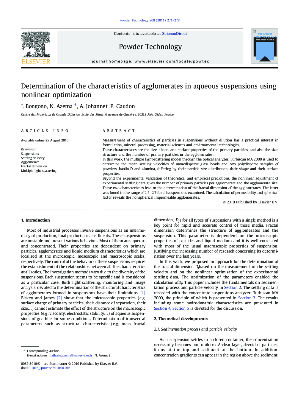 Determination of the characteristics of agglomerates in aqueous suspensions using nonlinear optimization