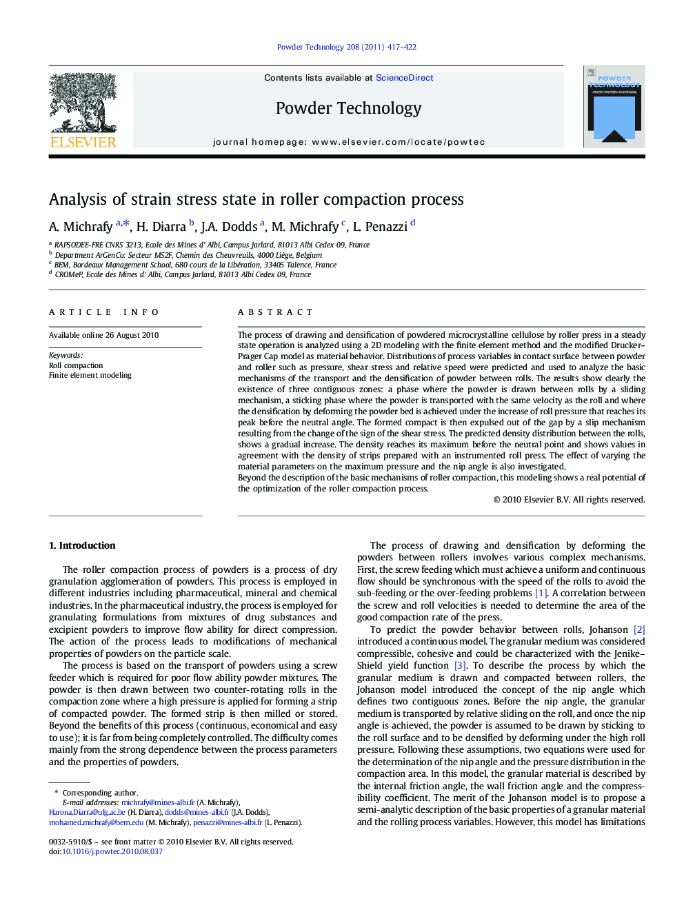 عکس صفحه اول مقاله: Analysis of strain stress state in roller compaction process Analysis of strain stress state in roller compaction process