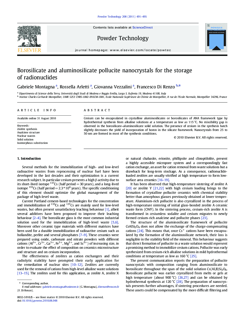 Borosilicate and aluminosilicate pollucite nanocrystals for the storage of radionuclides