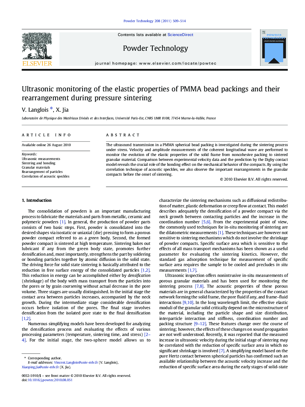 Ultrasonic monitoring of the elastic properties of PMMA bead packings and their rearrangement during pressure sintering