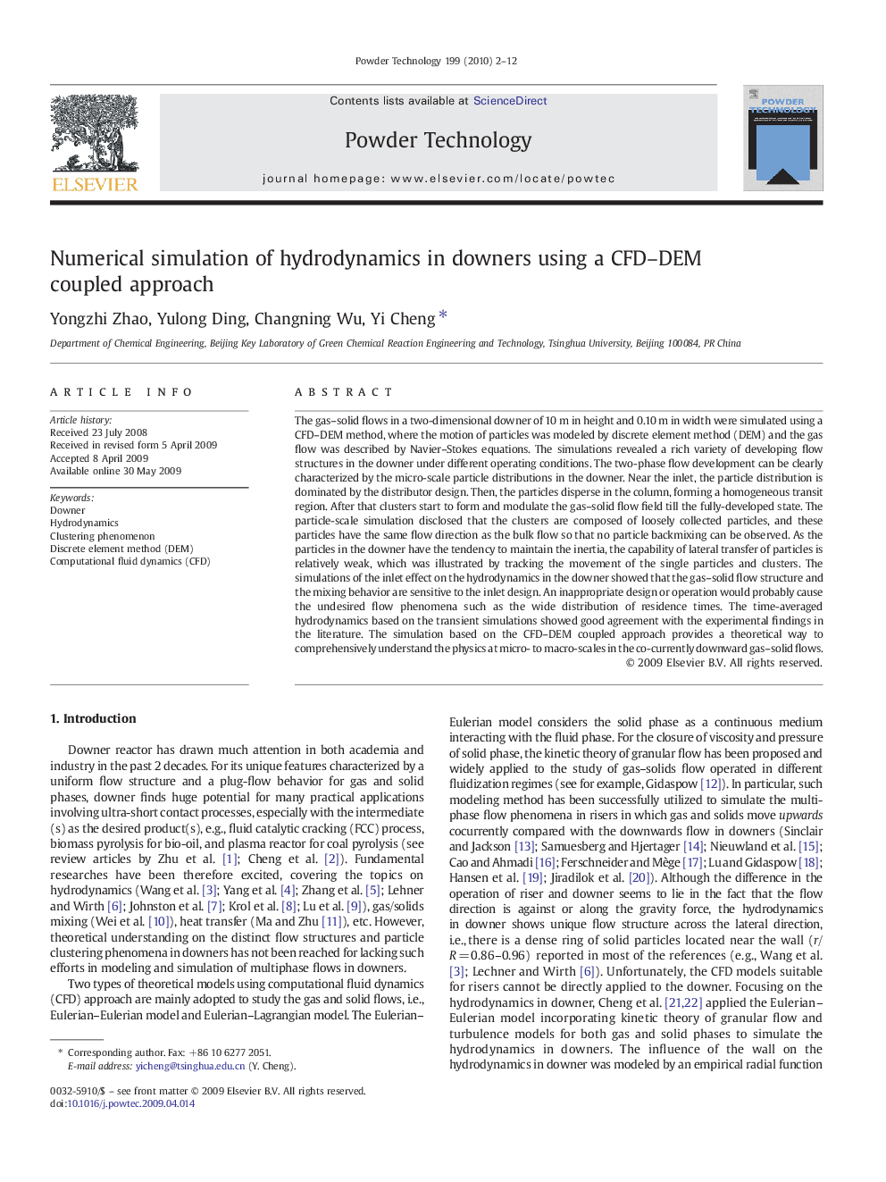 Numerical simulation of hydrodynamics in downers using a CFD–DEM coupled approach