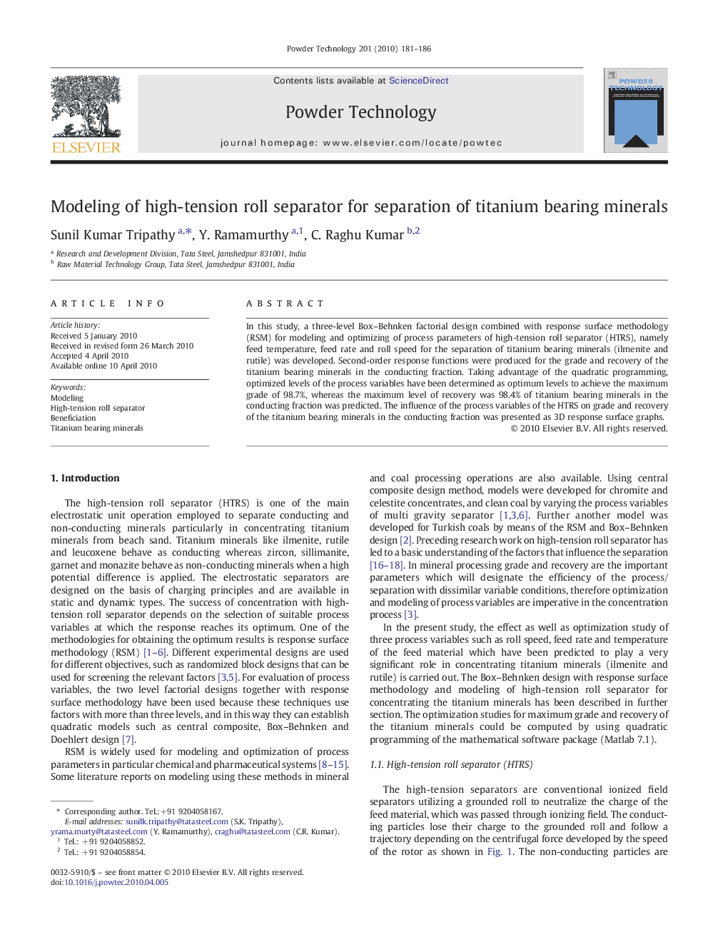 Modeling of high-tension roll separator for separation of titanium bearing minerals