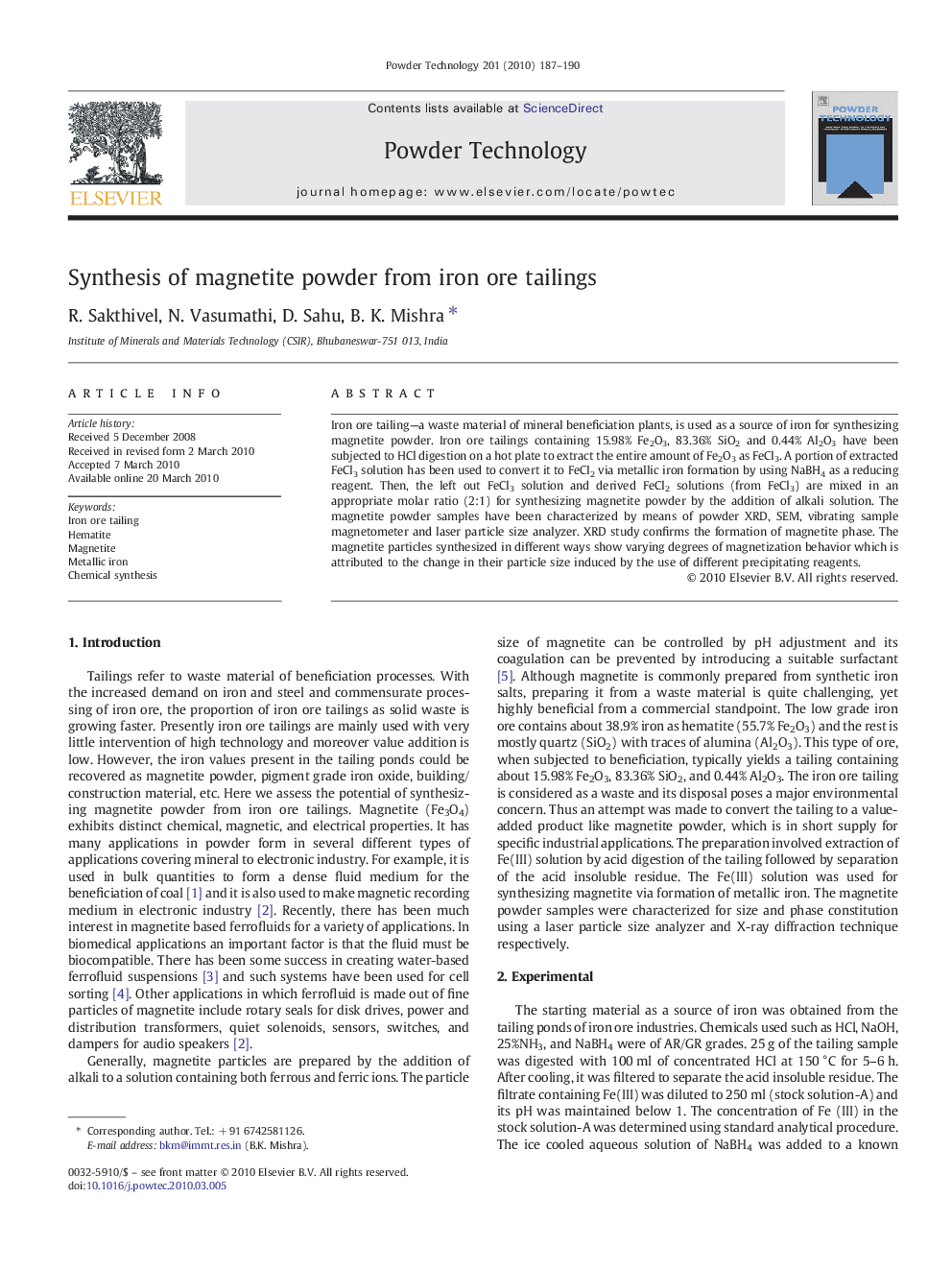 Synthesis of magnetite powder from iron ore tailings