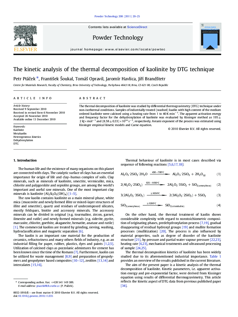 The kinetic analysis of the thermal decomposition of kaolinite by DTG technique