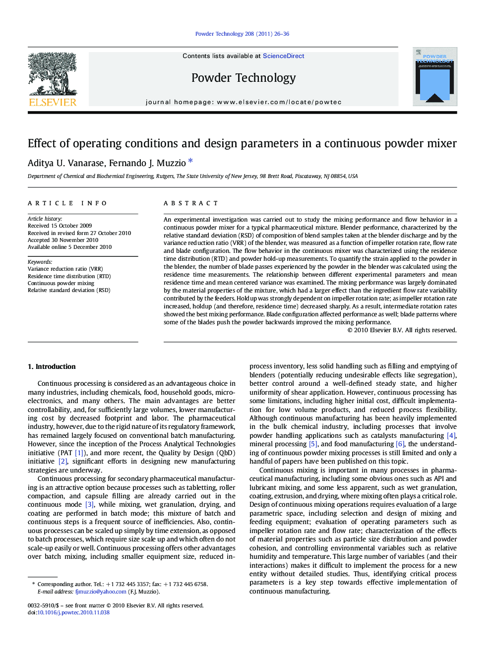 عکس صفحه اول مقاله: Effect of operating conditions and design parameters in a continuous powder mixer Effect of operating conditions and design parameters in a continuous powder mixer