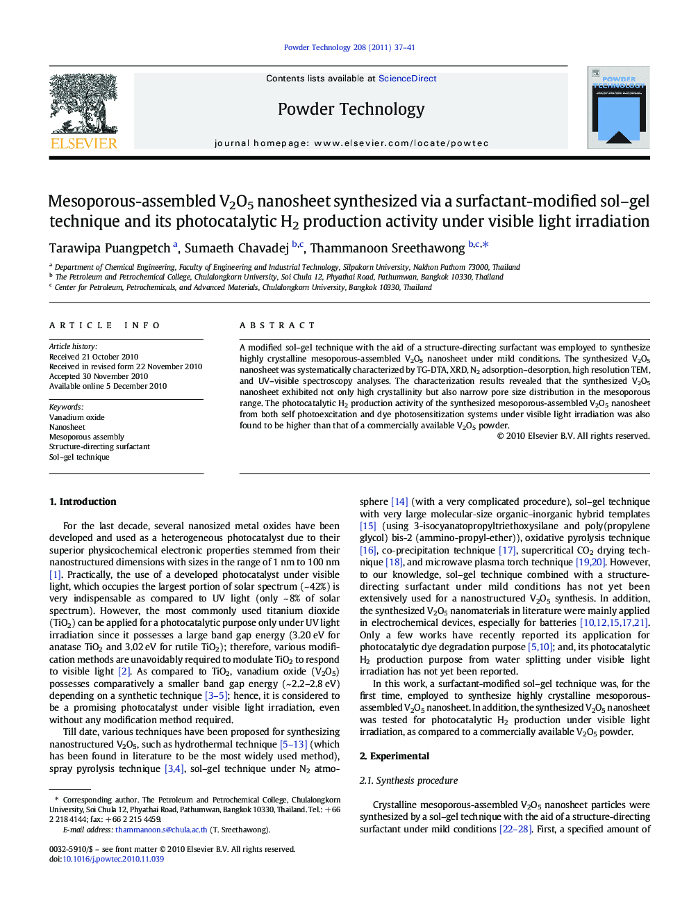 Mesoporous-assembled V2O5 nanosheet synthesized via a surfactant-modified sol–gel technique and its photocatalytic H2 production activity under visible light irradiation