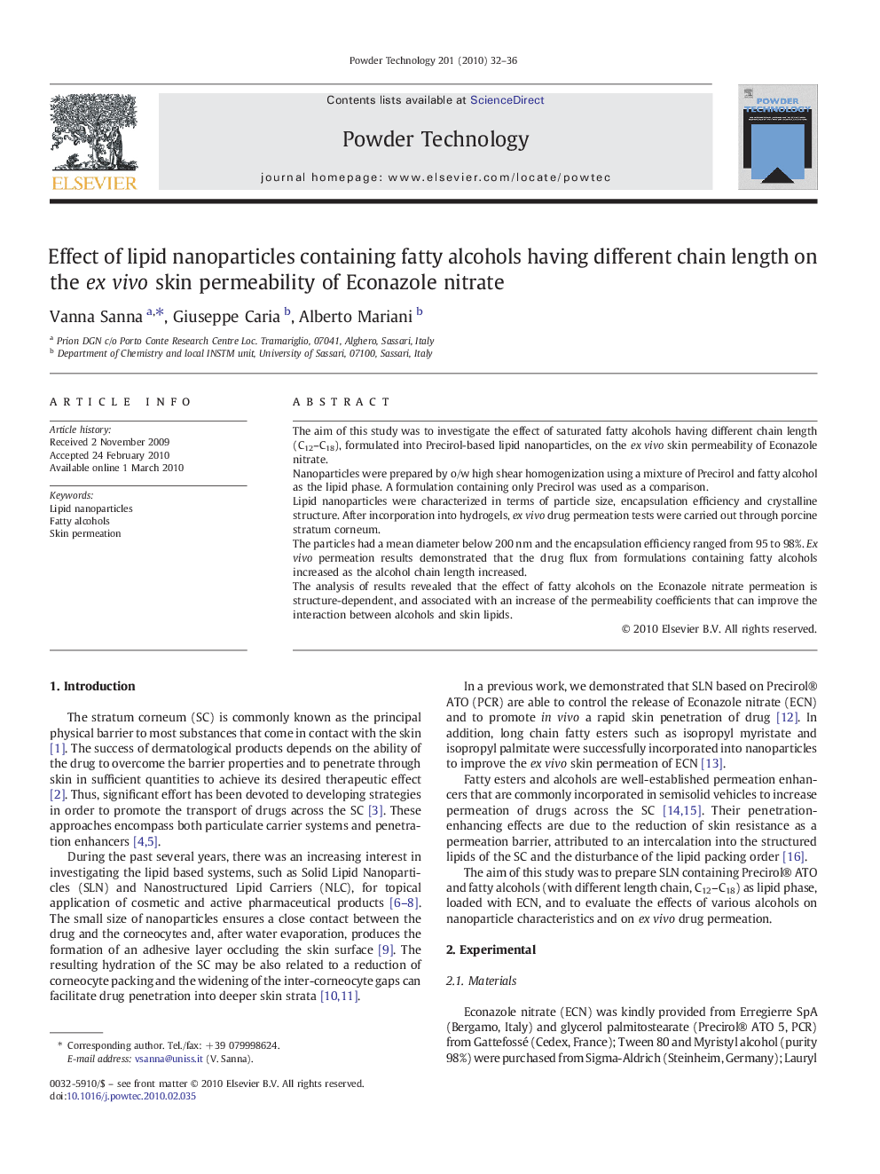 Effect of lipid nanoparticles containing fatty alcohols having different chain length on the ex vivo skin permeability of Econazole nitrate