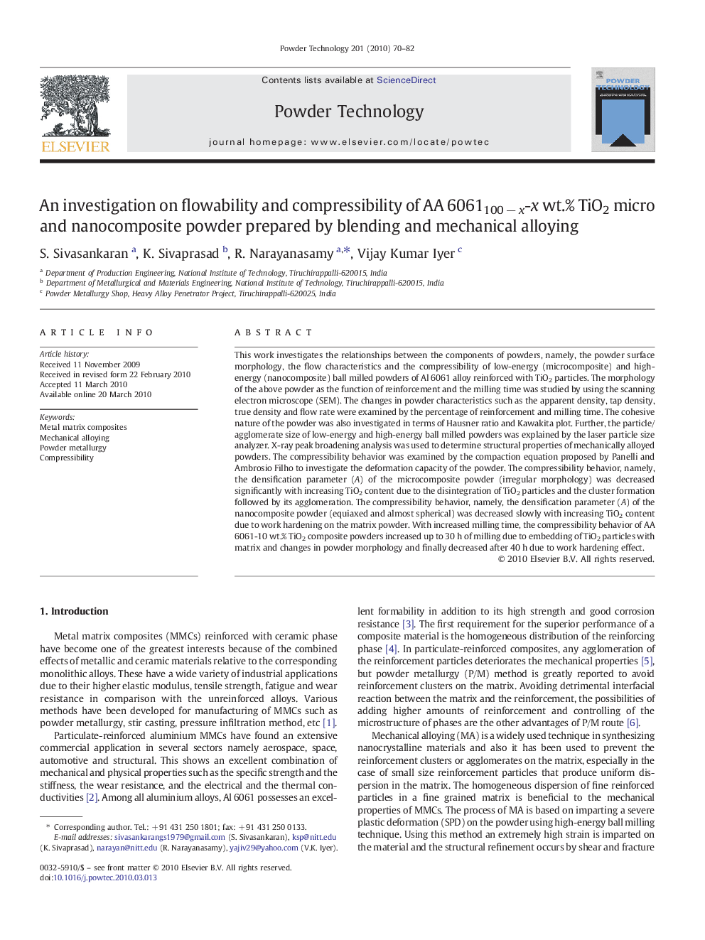 An investigation on flowability and compressibility of AA 6061100 − x-x wt.% TiO2 micro and nanocomposite powder prepared by blending and mechanical alloying