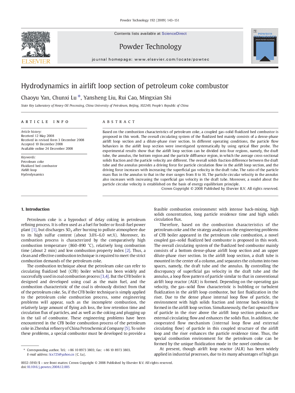 Hydrodynamics in airlift loop section of petroleum coke combustor