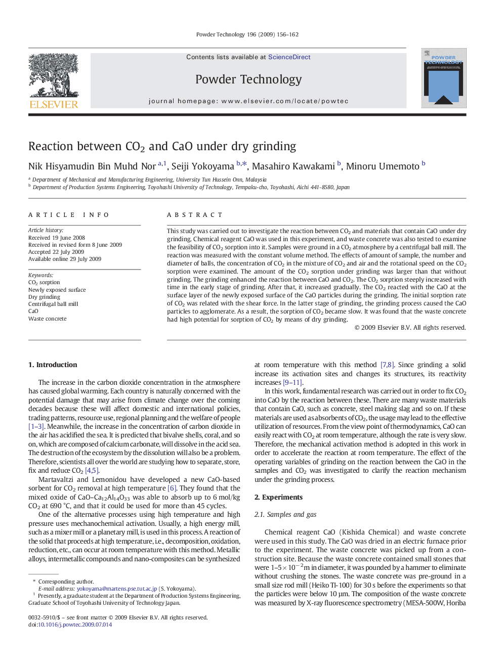 Reaction between CO2 and CaO under dry grinding