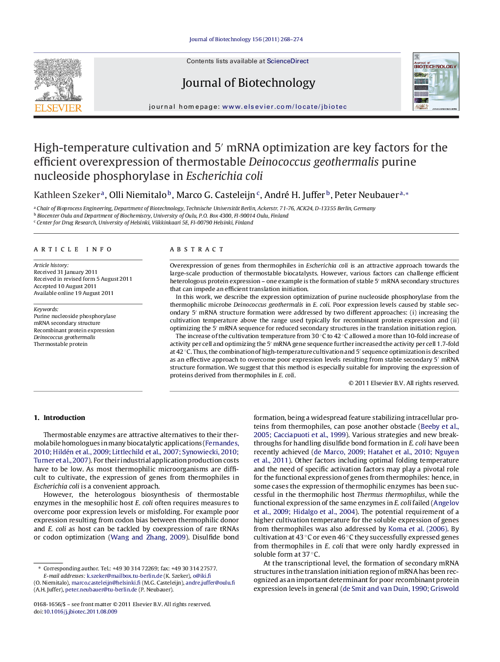 عکس صفحه اول مقاله: High-temperature cultivation and 5′ mRNA optimization are key factors for the efficient overexpression of thermostable Deinococcus geothermalis purine nucleoside phosphorylase in Escherichia coli High-temperature cultivation and 5′ mRNA optimization are key factors for the efficient overexpression of thermostable Deinococcus geothermalis purine nucleoside phosphorylase in Escherichia coli