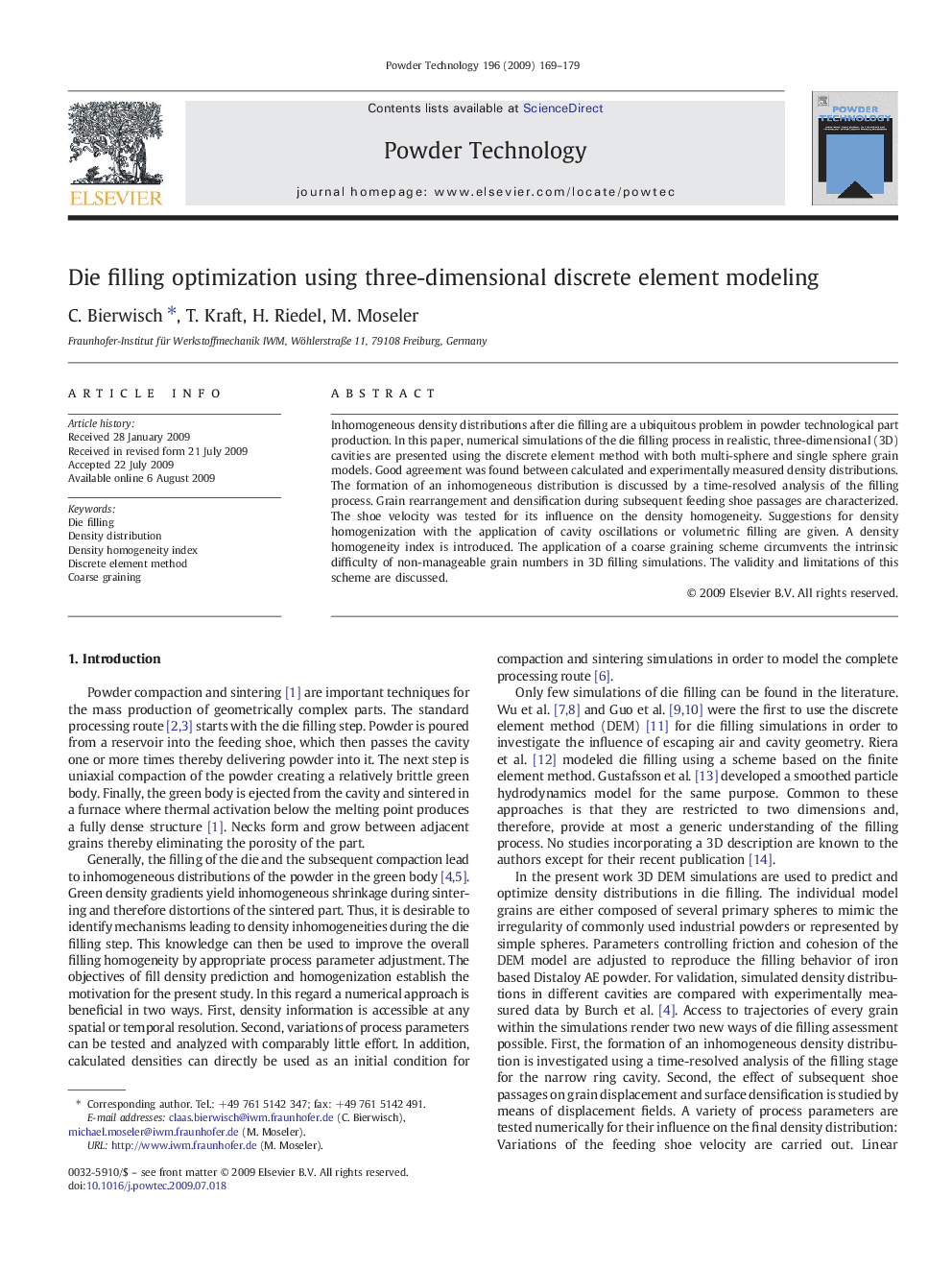 Die filling optimization using three-dimensional discrete element modeling