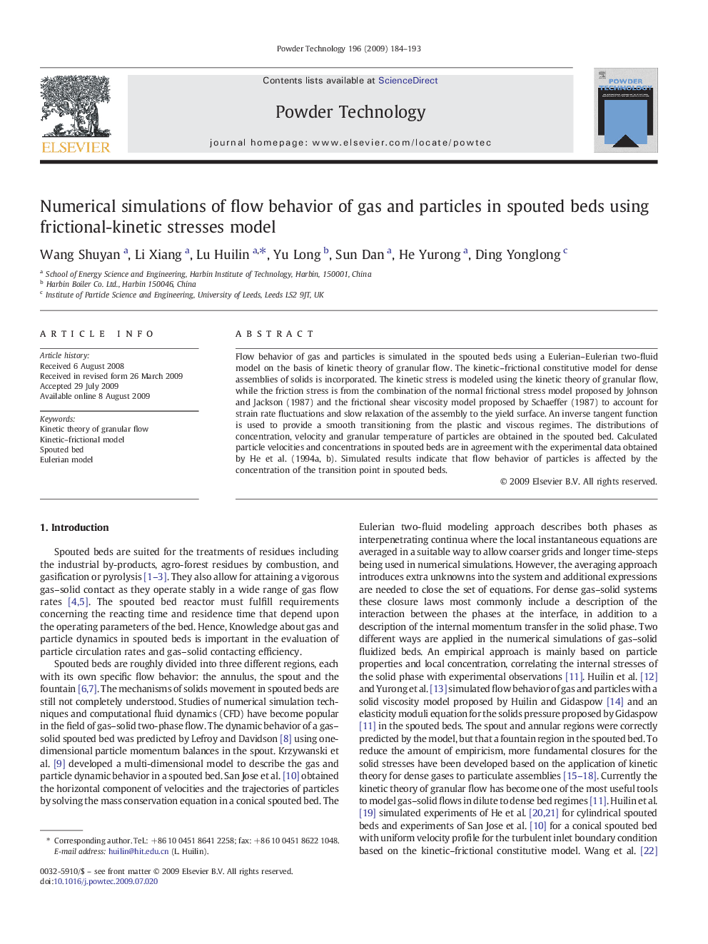 Numerical simulations of flow behavior of gas and particles in spouted beds using frictional-kinetic stresses model