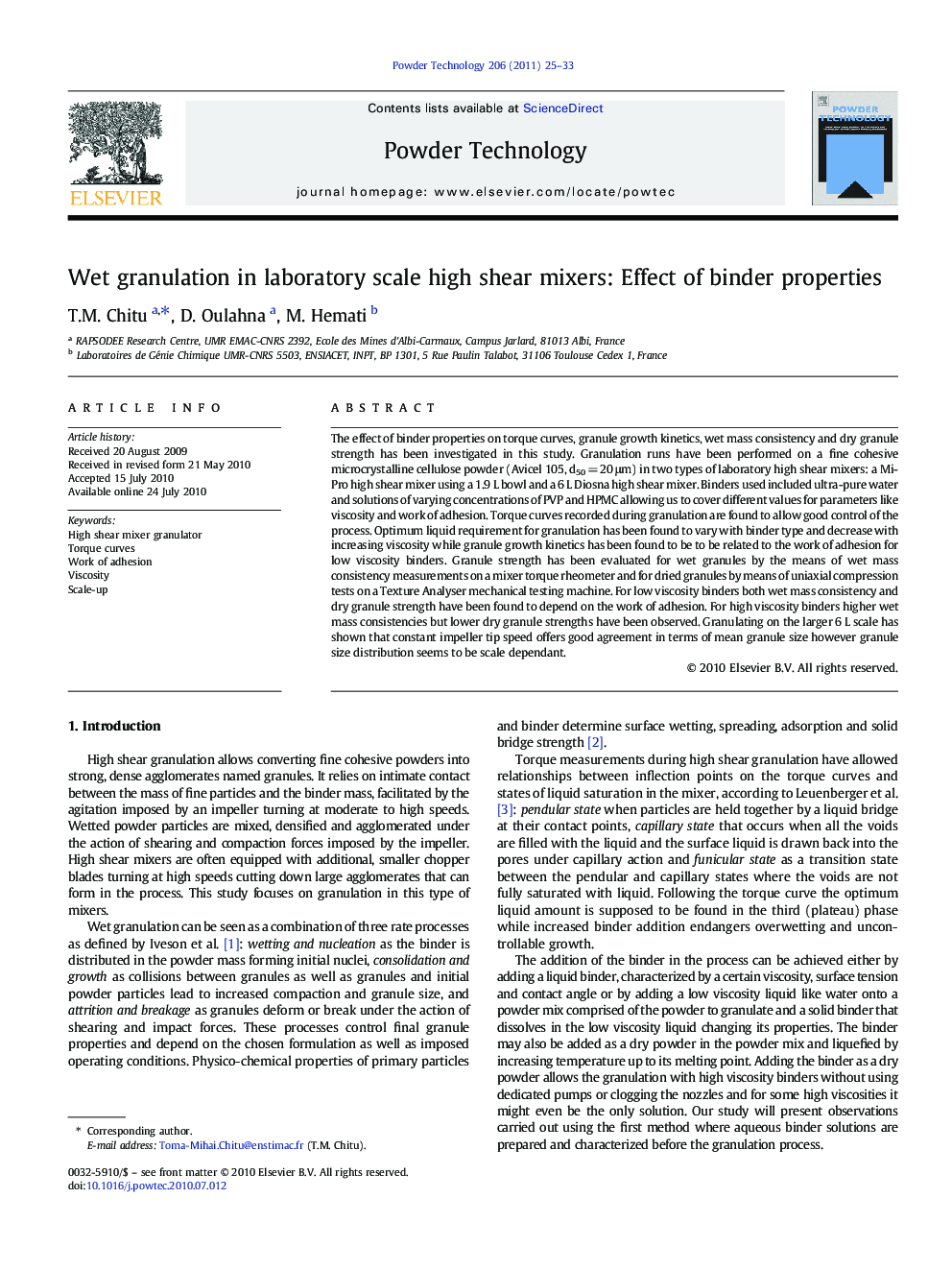 Wet granulation in laboratory scale high shear mixers: Effect of binder properties