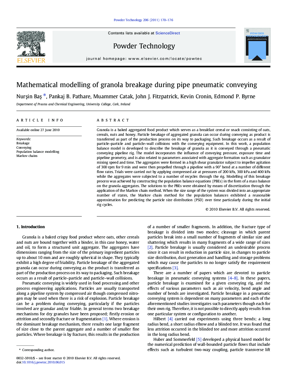 Mathematical modelling of granola breakage during pipe pneumatic conveying