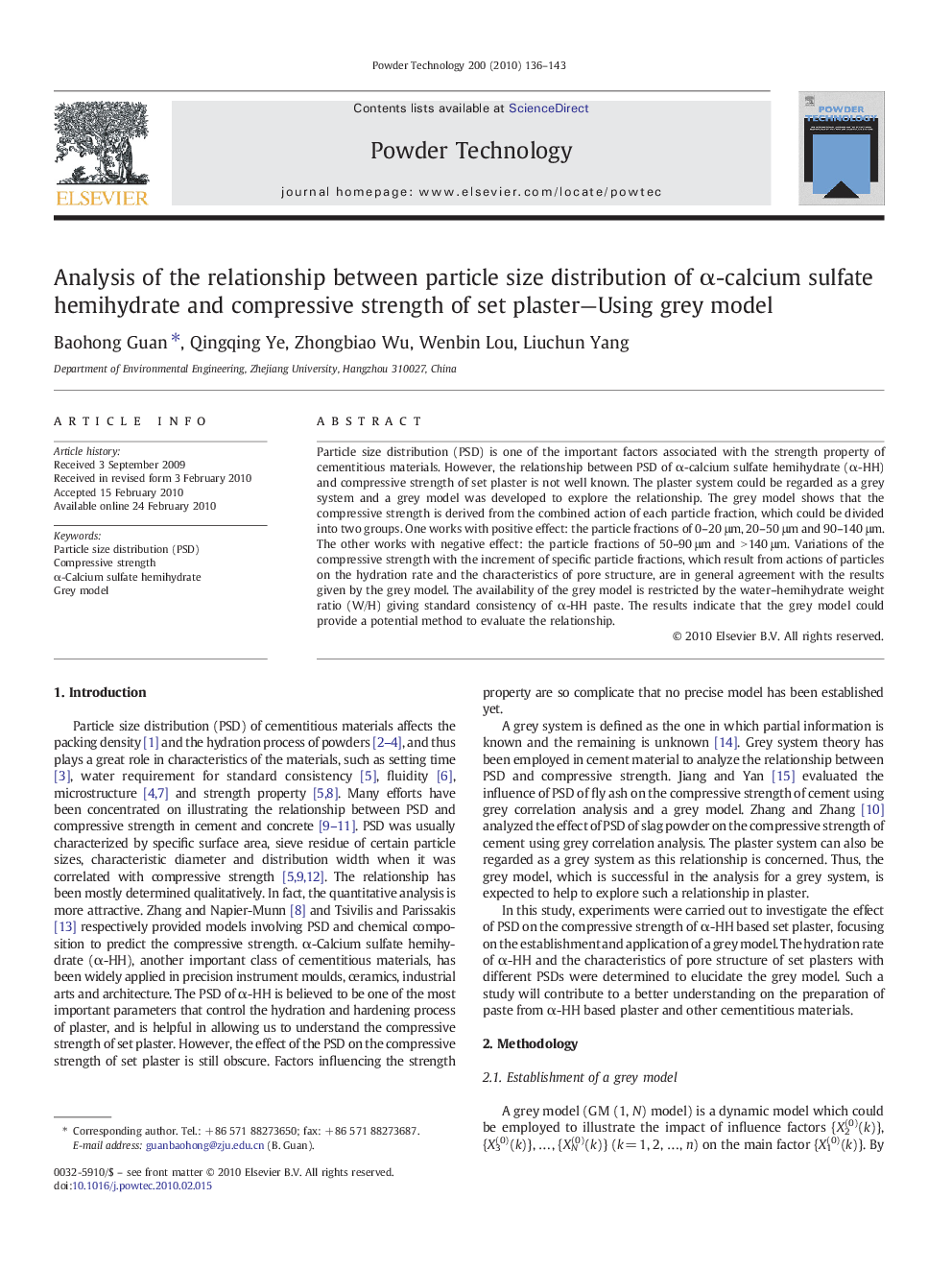 Analysis of the relationship between particle size distribution of α-calcium sulfate hemihydrate and compressive strength of set plaster—Using grey model