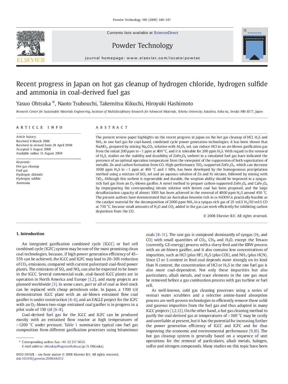 Recent progress in Japan on hot gas cleanup of hydrogen chloride, hydrogen sulfide and ammonia in coal-derived fuel gas