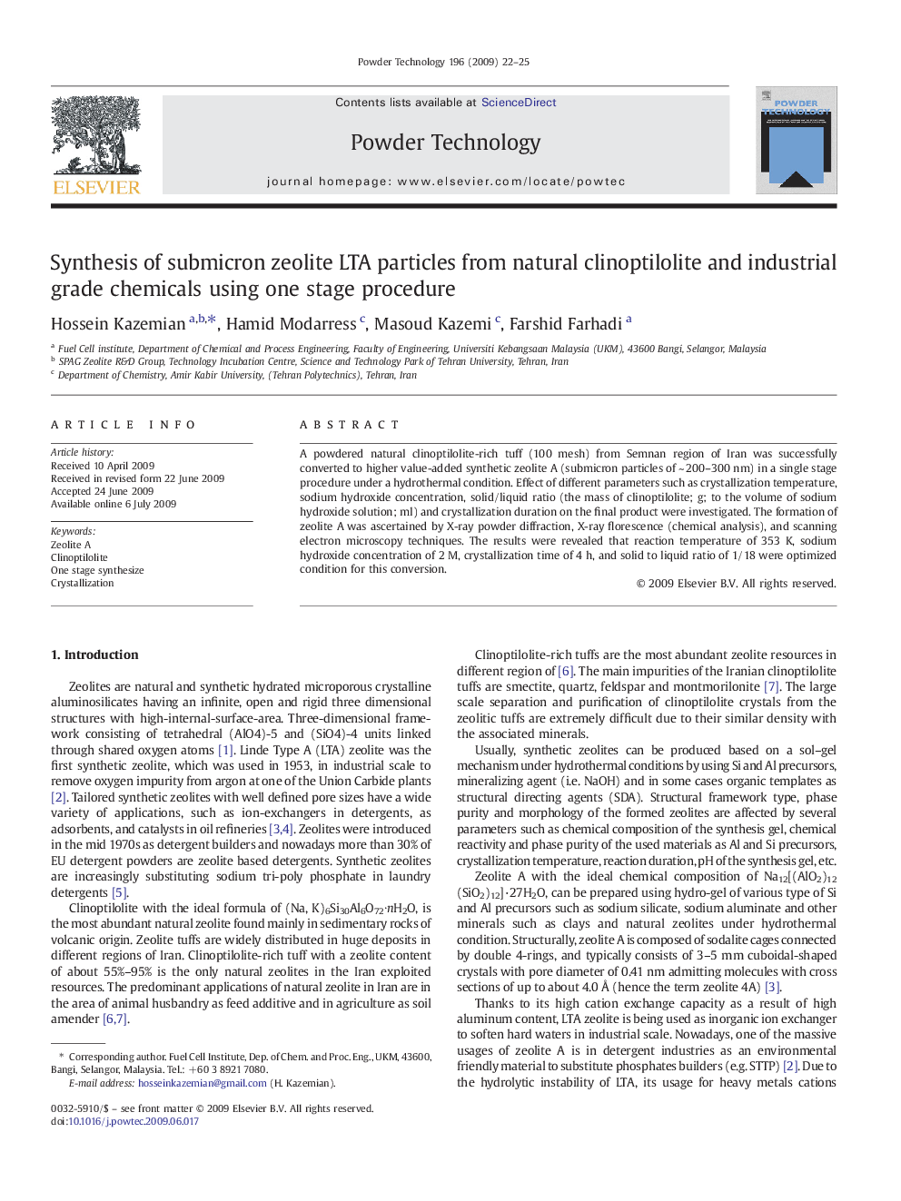 Synthesis of submicron zeolite LTA particles from natural clinoptilolite and industrial grade chemicals using one stage procedure