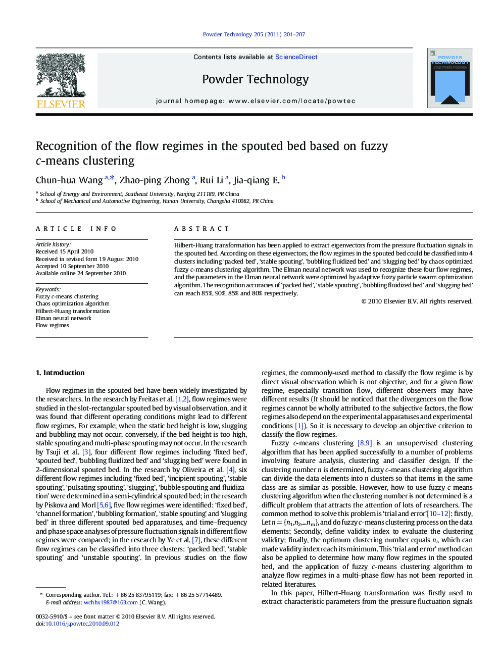 Recognition of the flow regimes in the spouted bed based on fuzzy c-means clustering