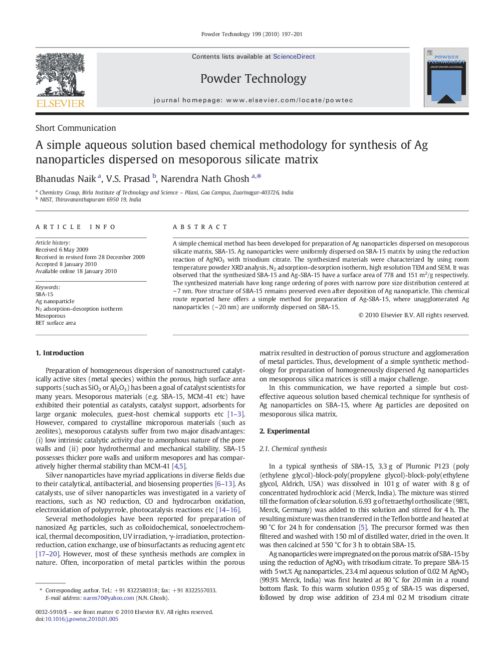 A simple aqueous solution based chemical methodology for synthesis of Ag nanoparticles dispersed on mesoporous silicate matrix