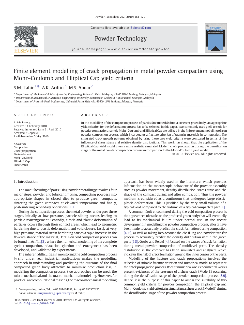 Finite element modelling of crack propagation in metal powder compaction using Mohr–Coulomb and Elliptical Cap yield criteria