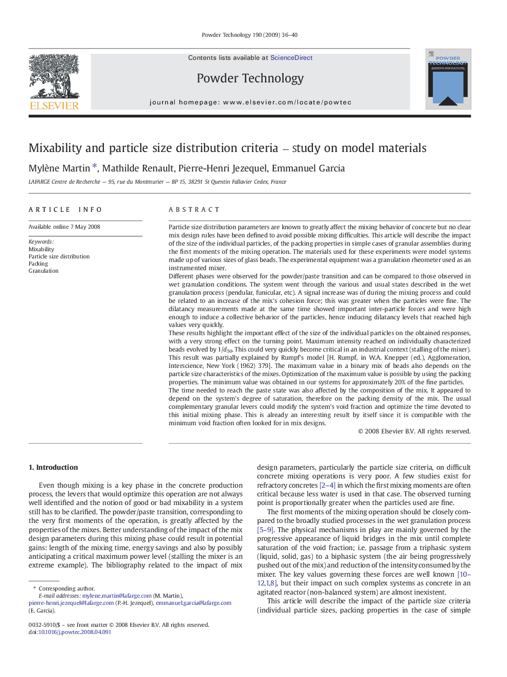 Mixability and particle size distribution criteria — Study on model materials