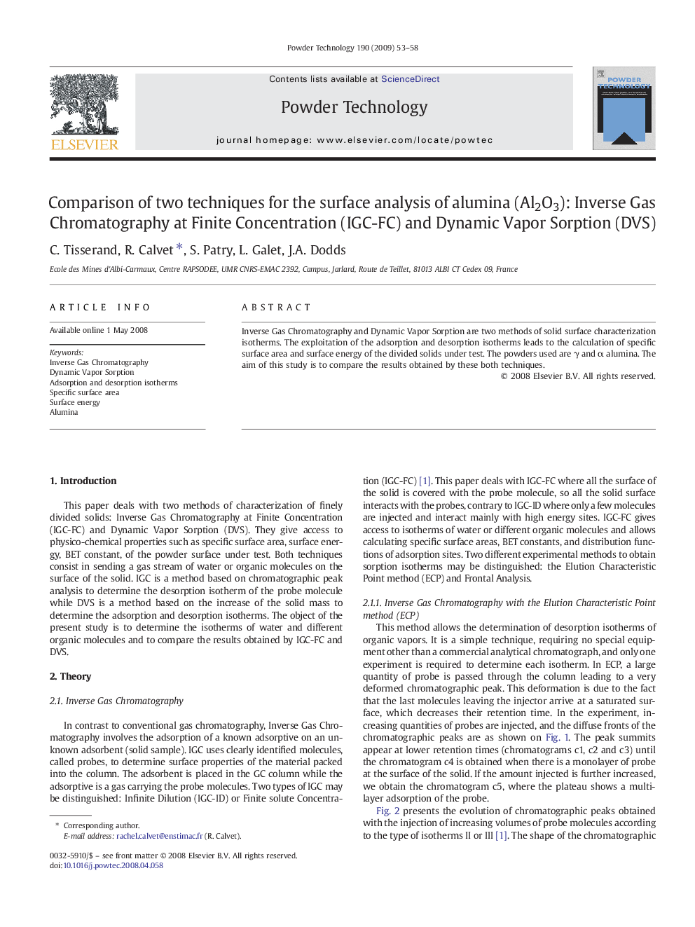 Comparison of two techniques for the surface analysis of alumina (Al2O3): Inverse Gas Chromatography at Finite Concentration (IGC-FC) and Dynamic Vapor Sorption (DVS)