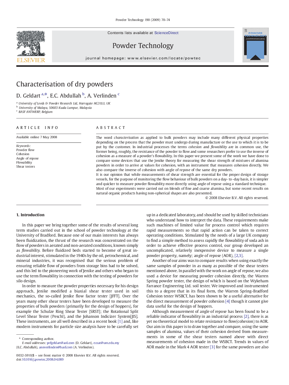 Characterisation of dry powders