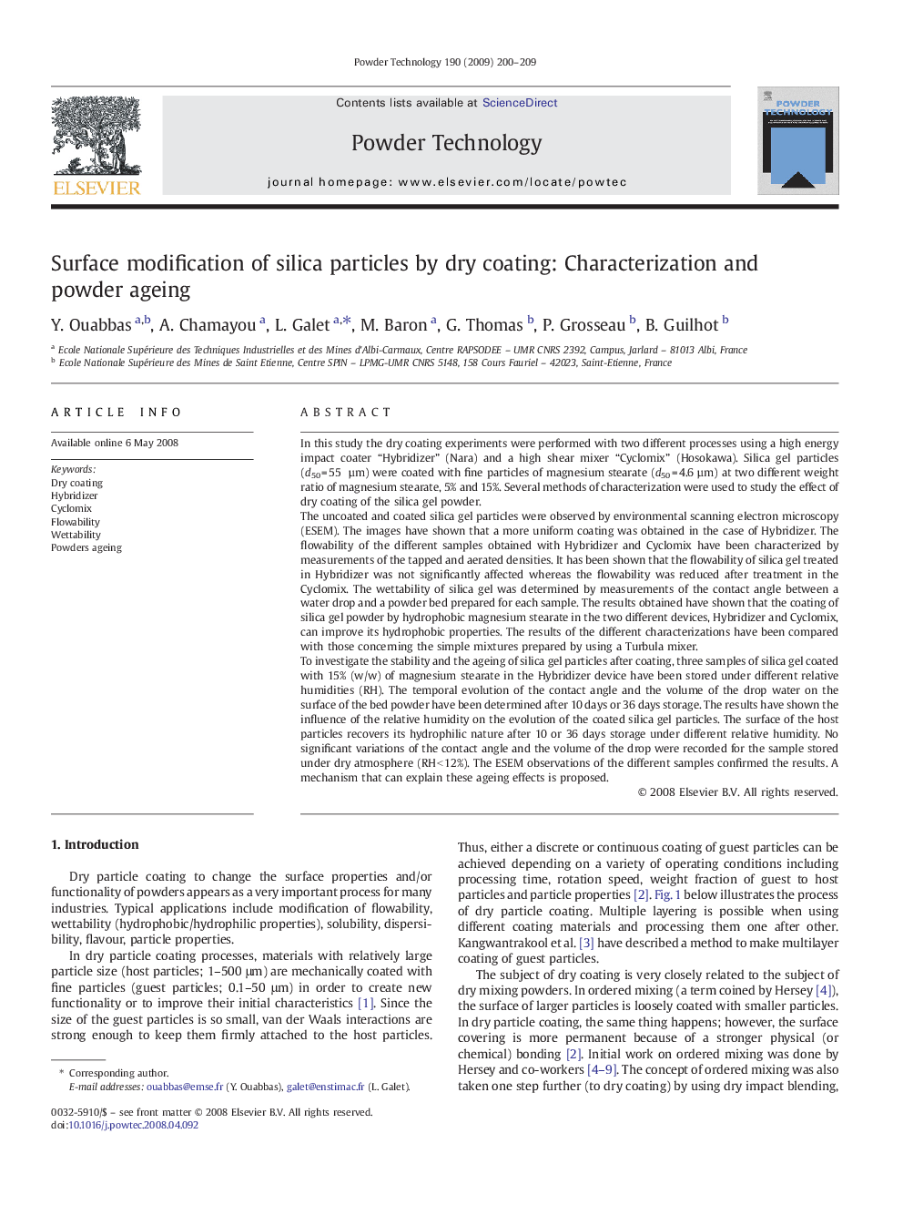 Surface modification of silica particles by dry coating: Characterization and powder ageing